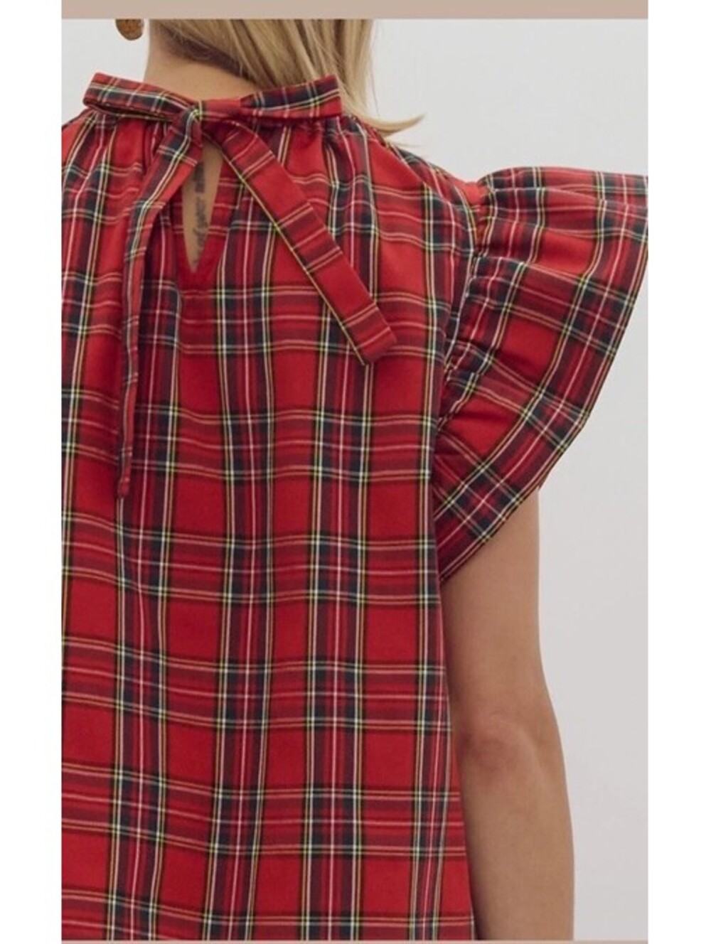 NWT Entro Red Plaid Flutter Sleeve Tie Neck Blouse. Size Large. Retail $48 - Picture 3 of 8